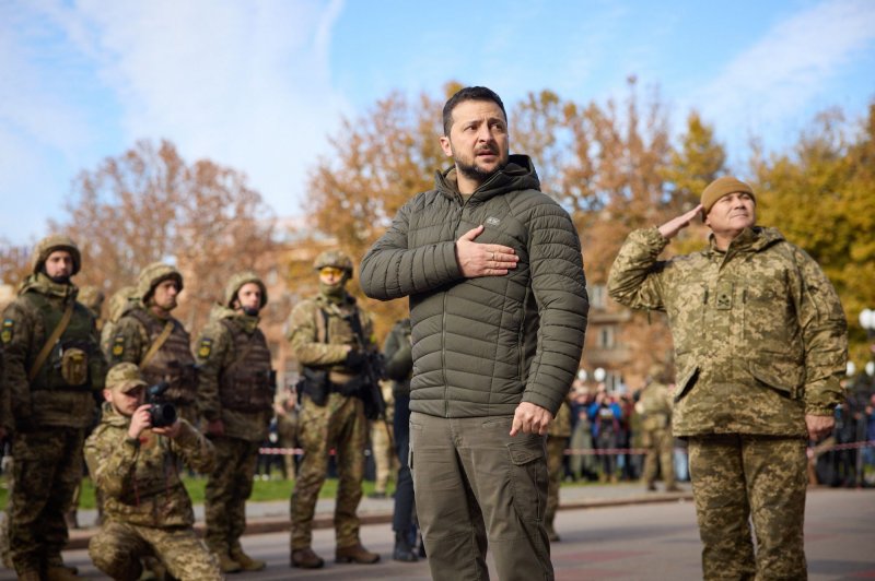 Ukrainian President Volodymyr Zelensky participates in a flag-raising ceremony in the center of Kherson, a port city in Ukraine recently liberated from Russian occupying forces, on Monday. The White House has requested an additional $37.7 billion in assistance for Ukraine. Photo via Ukrainian Presidential Press Office/UPI