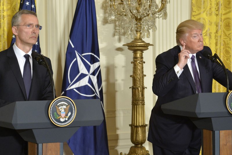 President Donald Trump (R) attends a joint press conference with NATO Secretary General Jens Stoltenberg in April at the White House. File Photo by Mike Theiler/UPI