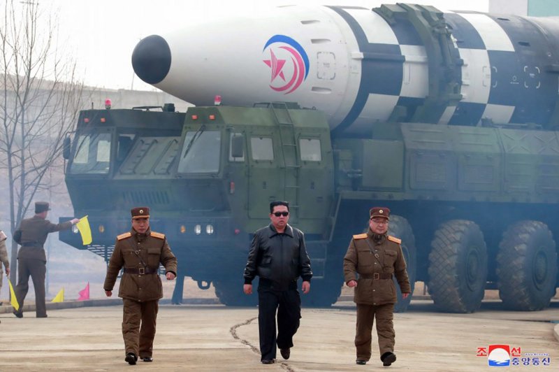 This image, released on March 25 by the North Korean Official News Service, shows North Korean leader Kim Jong Un overseeing the test launch of a new type of Hwasong-17 intercontinental ballistic missile. File photo by KCNA/UPI | <a href="/News_Photos/lp/ae1d9b2f5769551b35cf60c860bd1e49/" target="_blank">License Photo</a>