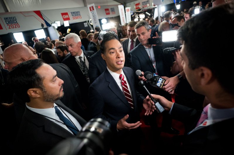 Julian Castro speaks to the media following the second night of the CNN Democratic Presidential Debate in Detroit on July 31.&nbsp; Photo by Kevin Dietsch/UPI
