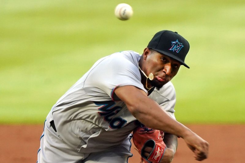 Miami Marlins pitcher Sixto Sanchez threw 60 of his 89 pitches for strikes in a win over the Atlanta Braves on Tuesday in Atlanta. Photo by Tami Chappell/UPI