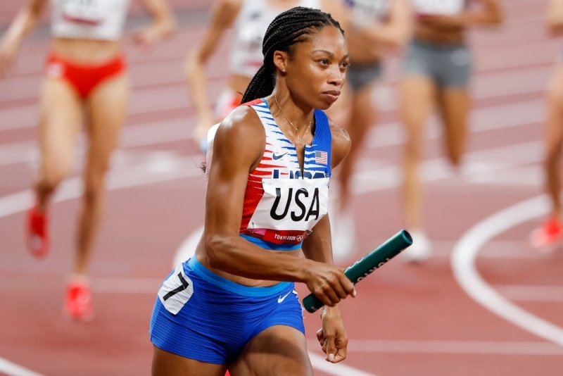 Team USA's Allyson Felix runs in the women's 4x400-meter relay at the 2020 Summer Games on Saturday in Tokyo. Photo by Tasos Katopodis/UPI