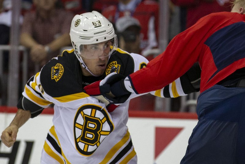 Boston Bruins winger Brad Marchand (63), shown Oct. 3, 2018, was suspended Feb. 9 for punching and high-sticking Pittsburgh Penguins goalie Tristan Jarry. File Photo by Alex Edelman/UPI