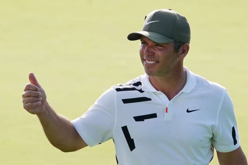 Paul Casey of the United Kingdom gives a thumbs up as he walks off the ninth green during the first round of the 2020 Masters Tournament on Thursday at Augusta National Golf Club in Augusta, Ga. Photo by Kevin Dietsch/UPI