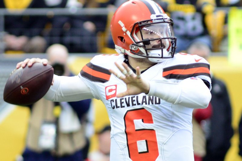 Cleveland Browns quarterback Baker Mayfield (pictured), tight end Austin Hooper, wide receiver Jarvis Landry and coach Kevin Stefanski could miss the team's Week 15 game due to recent positive COVID-19 test results. File Photo by Archie Carpenter/UPI