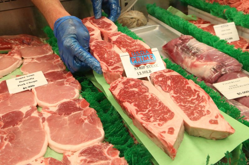 View of steaks on sale at LeGrand's Market in St. Louis on April 29, 2020. The commerce department said Friday prices increased over the past year by 5.2%, its fastest pace in 39 years. File Photo by Bill Greenblatt/UPI