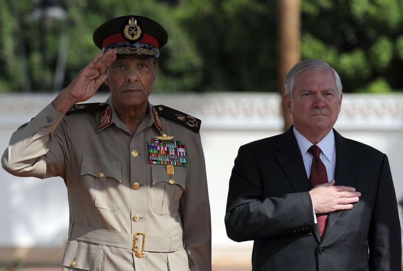 U.S. Defense Secretary Robert M. Gates and Egyptian Minister of Defense Mohamed Hussein Tantawi stand during the playing of the U.S. national anthem before reviewing the troops at the Ministry of Defense in Cairo, Egypt, May 5, 2009. (UPI Photo/Jerry Morrison/DOD)
