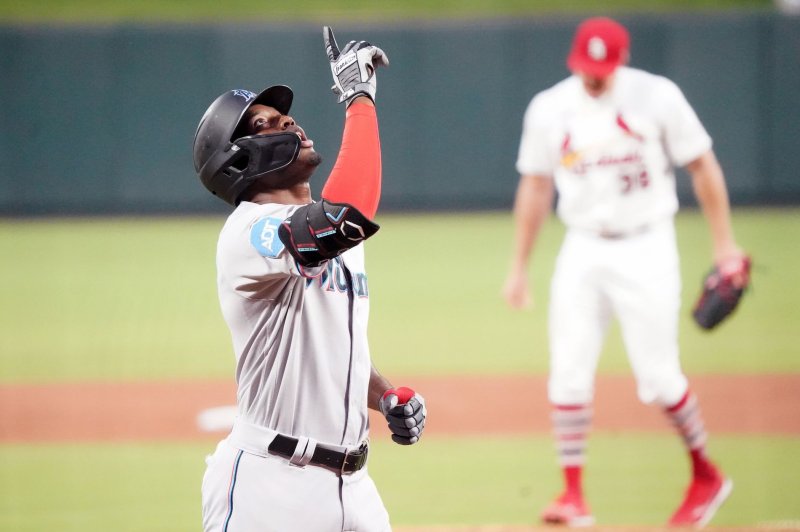 Right fielder Jesus Sanchez and the Miami Marlins are within reach of the National League's final wild card playoff slot. File Photo by Bill Greenblatt/UPI