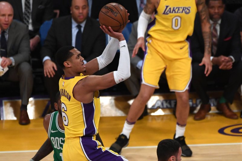 Los Angeles Lakers guard Jordan Clarkson against the Boston Celtics on January 23 at Staples Center in Los Angeles. File photo by Jon SooHoo/UPI | <a href="/News_Photos/lp/c7a2023aa7c8bb23a3b672e43849ba69/" target="_blank">License Photo</a>