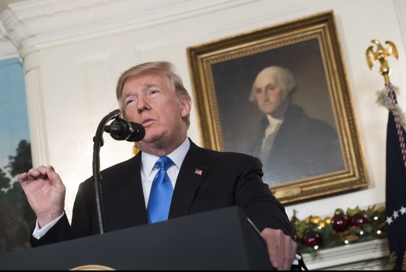 President Donald Trump announces that the United States will recognize Jerusalem as the capital of Israel and will eventually move its embassy there, during a statement to the press in the Diplomatic Reception Room at the White House on Wednesday. Photo by Kevin Dietsch/UPI