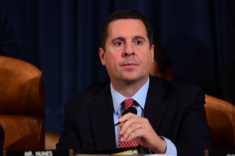 Text messages appear to show Rep. Devin Nunes, R-Calif., interacting with an unknown person in Belgium who was surveilling former U.S. Ambassador to Ukraine Marie Yovanovitch. File Photo by Kevin Dietsch/UPI | <a href="/News_Photos/lp/739f82800c2eb9a2d51564e54208fbcc/" target="_blank">License Photo</a>
