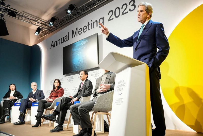 U.S. Special Presidential Envoy for Climate John Kerry told the World Economic Forum in Davos, Switzerland, Tuesday, the United States remains committed to limiting the effects of climate change to the 2.7 degrees Fahrenheit agreed to in the 2015 Paris Agreement. Photo courtesy of World Economic Forum