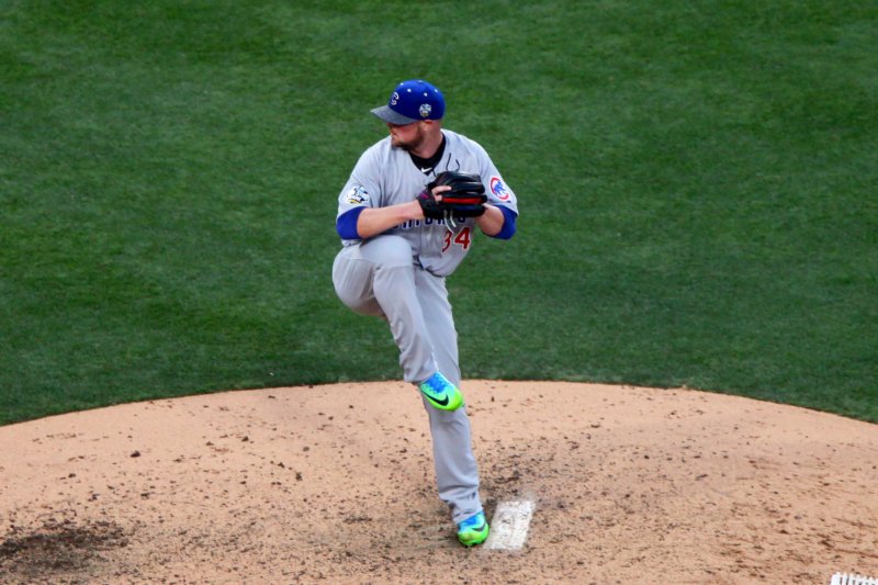 Pitcher Jon Lester, of the Chicago Cubs. Photo by Howard Shen/UPI
