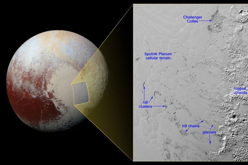 New research suggests a thick, salty ocean may be hiding beneath Pluto's heart-shaped depression. Photo by NASA/UPI | <a href="/News_Photos/lp/38305cb8a1c4eacbe32887573728a4ef/" target="_blank">License Photo</a>