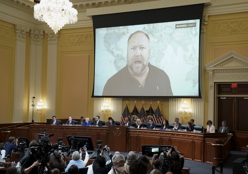 Right-Wing media personality Alex Jones is seen on a video screen during a public hearing of the U.S. House select committee investigating the Jan. 6, 2021, attack on the U.S. Capitol. On Monday, some two years' worth of phone Jones' phone data was turned over to the committee. Pool File Photo by Sarah Silbiger/UPI | <a href="/News_Photos/lp/ead1afff0629475b5b00a71fa3b056ea/" target="_blank">License Photo</a>