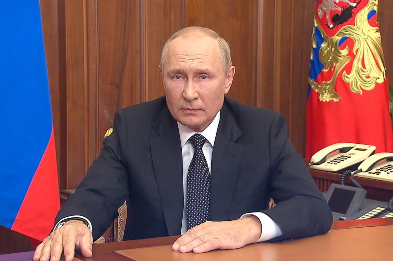 Russian President Vladimir Putin speaks during a televised address on Wednesday in Veliky Novgorod, Russia. He announced plans to mobilize up to 300,000 military reservists to fight in Ukraine after Russian forces lost ground. Photo by Kremlin POOL/ UPI