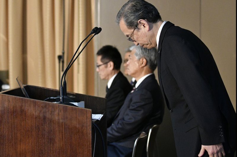 Toshiba Corp. President and CEO Satoshi Tsunakawa bows during a news conferenceTuesday at Toshiba headquarters in Tokyo. Chairman Shigenori Shiga announced his resignation in the wake of large losses from its U.S. nuclear operations. Photo by Franck Robichon/EPA.