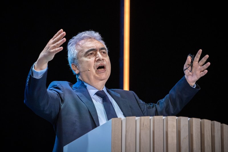 Fatih Birol, executive director of the International Energy Agency, is shown speaking at conference in Oslo, Norway, on Tuesday. Birol has called on fossil fuel producers to do more to meet global goals for the reduction of greenhouse gases. Photo by Ole Berg-Rusten/EPA-EFE