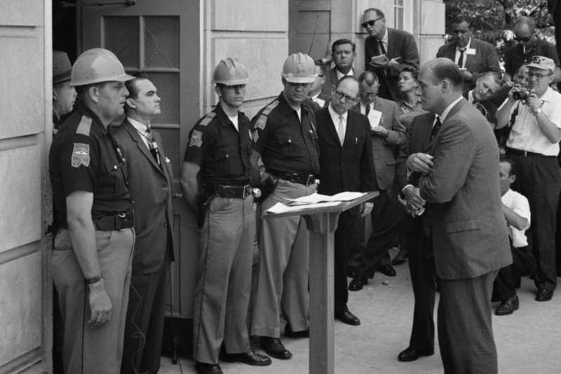 Alabama Gov. George Wallace blocks the enrollment of two Black students to the University of Alabama on June 11, 1963. File Photo by Warren K. Leffler/U.S. News &amp; World Report Magazine/U.S. Library of Congress