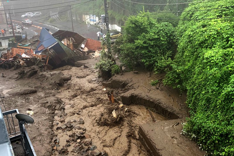 Mudslides triggered by torrential rain surged through Atami in Japan's Shizuoka Prefecture on Saturday. Two were feared killed and 20 were missing as rescue workers searched for the victims. Photo by EPA-EFE/JIJI PRESS