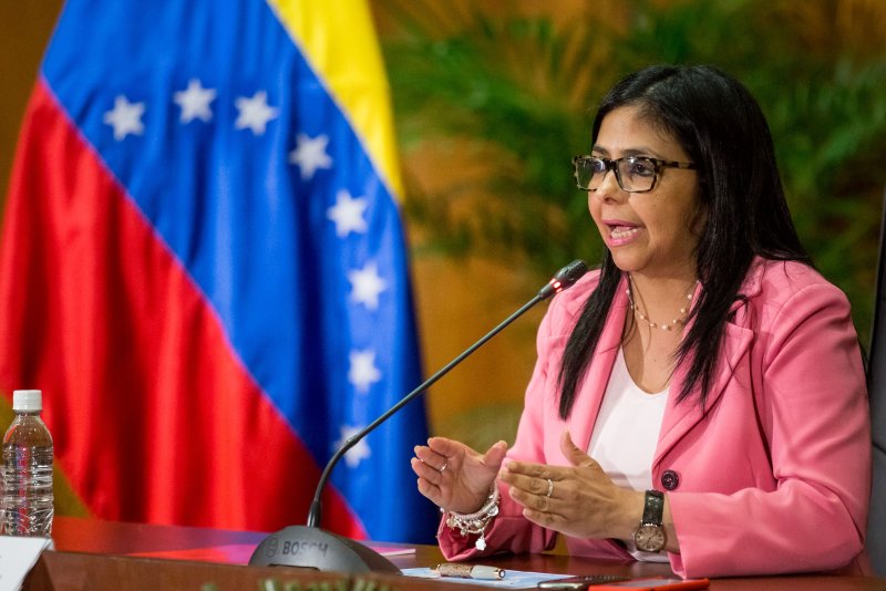 Venezuelan Vice President Delcy Rodriguez speaks in February 2017, when she was foreign minister, during an Organization of the Petroleum Exporting Countries press conference in Caracas. File Photo by EPA