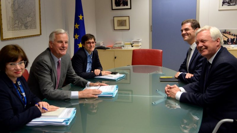 The second round of negotiations regarding Britain's withdrawal from the European Union ended Thursday in Brussels, with divisions noted by EU negotiator Michel Barnier (second from L) and British Bexit envoy Davis Davis (R). Photo by Thierry Carlier/EPA