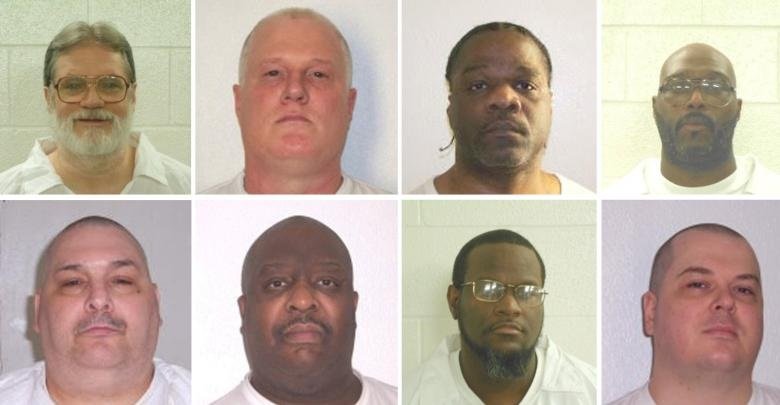 The eight men scheduled to be executed by lethal injection in Arkansas: Bruce Ward, Don Davis, Ledell Lee and Stacy Johnson (top row L to R); Jack Jones, Marcel Williams, Kenneth Williams and Jason Mcgehee (bottom row L to R). Johnson was scheduled to die on Thursday night. Courtesy Arkansas Department of Corrections