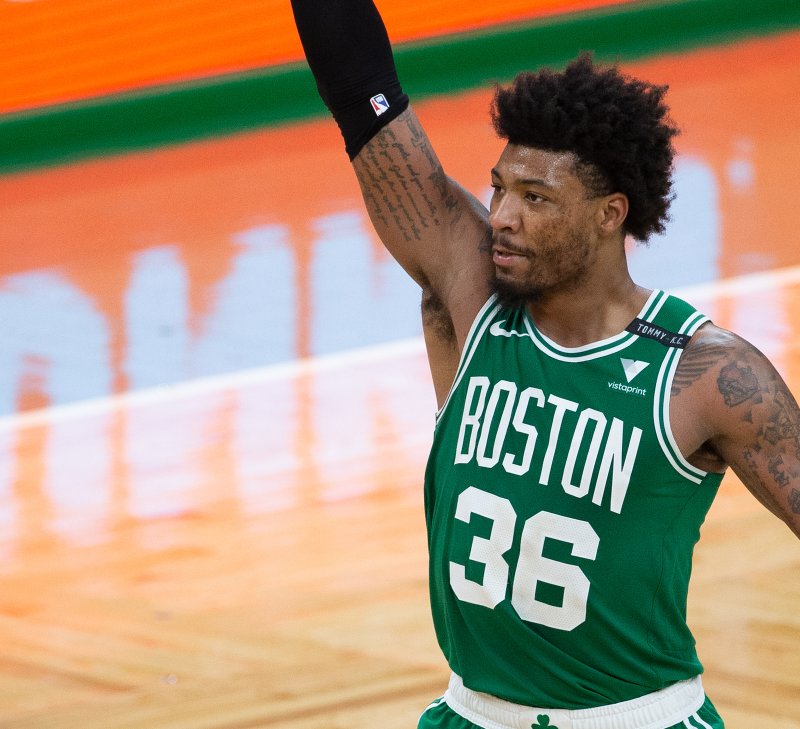 Boston Celtics guard Marcus Smart, shown April 7, 2021, appeared to suffer the foot injury during Game 7 against the Milwaukee Bucks. File Photo by CJ Gunther/EPA-EFE