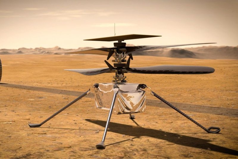 An illustration depicts the Mars helicopter Ingenuity on the Red Planet. Image courtesy of NASA