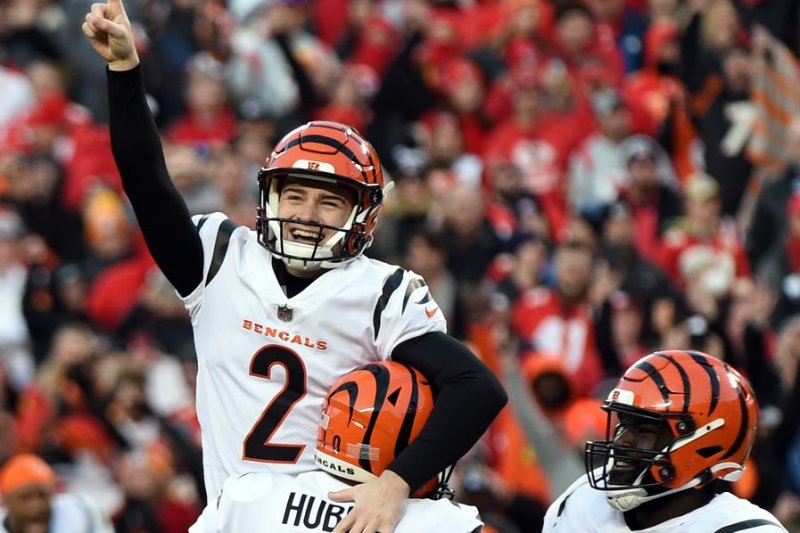 Cincinnati Bengals kicker Evan McPherson (2) celebrates his overtime field goal to win the AFC Championship Game against the Kansas City Chiefs on Sunday at Arrowhead Stadium in Kansas City, Mo. Photo by Dave Kaup/EPA-EFE