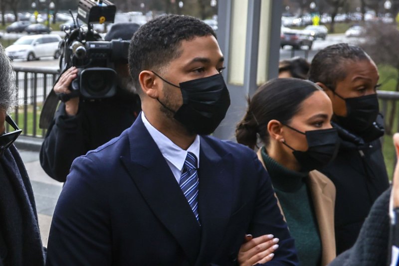 Actor Jussie Smollett (L) arrives with family and attorneys for the first day of his trial at the Leighton Criminal Courthouse in Chicago, Ill. File Photo by Tannen Maury/EPA-EFE