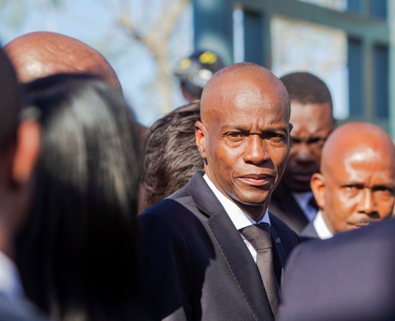 Four more suspects face charges for their involvement in the assassination of Haitian President Jovenel Moïse (C) in 2021. File photo by Marc Herve Abelard/EPA-EFE