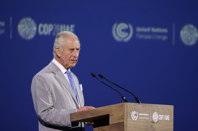 Britain's King Charles III speaks during the World Climate Action Summit opening session at COP28 in Dubai on Friday. Photo by Christophe Viseux/COP28