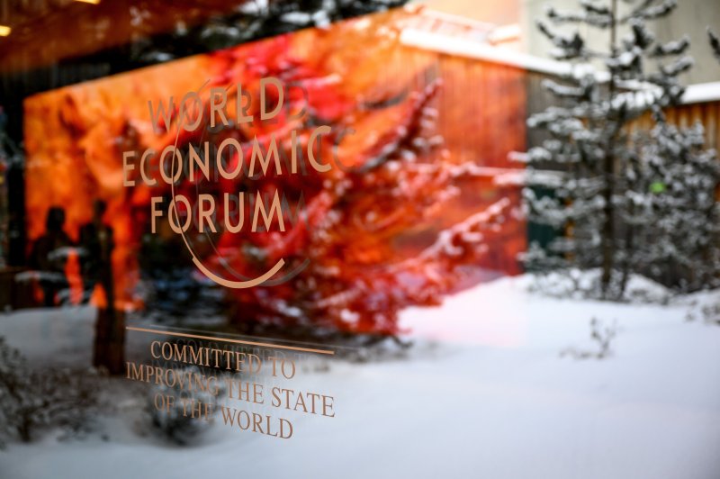 The logo of the World Economic Forum is pictured on a window of the Congress Center in Davos, Switzerland, on Monday at the start of 53rd annual meeting of the WEF. Photo by Laurent Gillieron/EPA-EFE