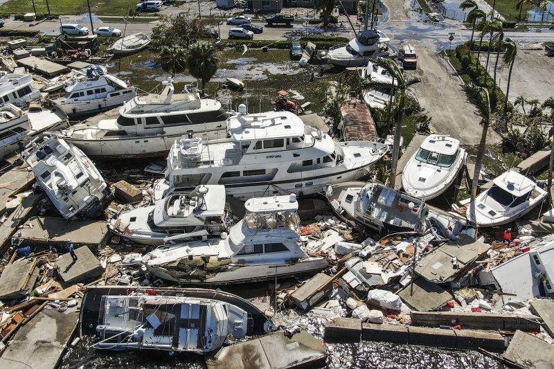 An aerial photo taken with a drone shows damage in the wake of Hurricane Ian in Fort Myers, Fla., on Thursday. Photo by Tannen Maury/EPA-EFE