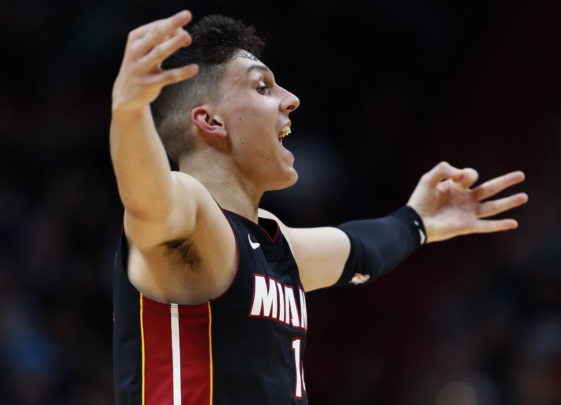 Miami Heat stars Tyler Herro (pictured) and Kendrick Nunn both rank in the top six for points per game among rookies in 2019. Photo by Rhona Wise/EPA-EFE