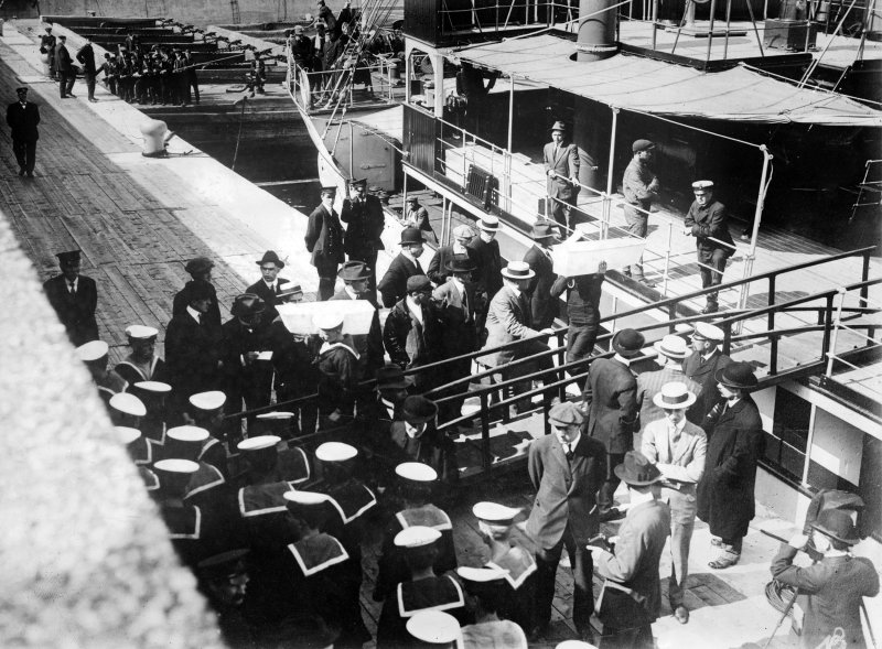 Sailors are pictured removing coffins from the Lady Gray at port in Quebec following the sinking of the RMS Empress of Ireland ocean liner on May 28, 1914. More than 1,000 people perished in the tragedy. File Photo by Library of Congress/UPI