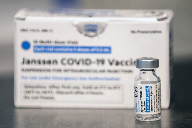 A vial of the Janssen -- the pharmaceutical companies of Johnson &amp; Johnson -- vaccine against COVID-19. The risk for Guillain–Barré syndrome following receipt of the shot is higher than with other vaccines, but still low, according to a new study. Photo by Etienne Laurent/EPA-EFE