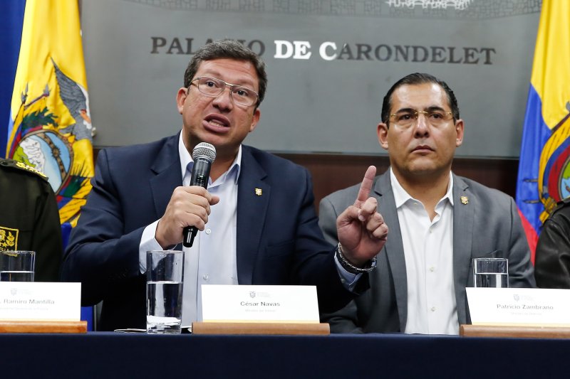 Ecuadorian Interior Minister Cesar Navas (L) speaks during a press conference accompained by the Ecuadorian Defense Minister Patricio Zambrano (R) in Quito, Ecuador, on Wednesday. Navas confirmed the kidnapping of three workers of the newspaper El Comercio, of Quito, in the province of Esmeraldas, on the border with Colombia. Photo by Jose Jacome/EPA-EFE