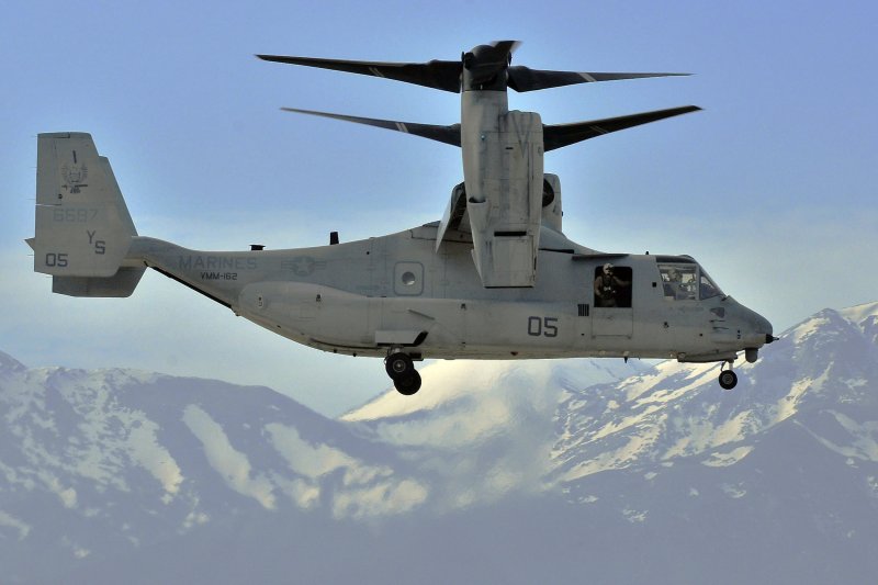 A V-22 Osprey makes its final approach for landing on the island of Crete, Greece, for a stopover on February 24, 2010. Photo by Paul Farley/U.S. Navy