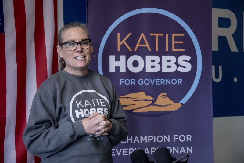 Katie Hobbs, Democratic candidate for Arizona, was congratulated as the winner by outgoing Republican governor Doug Ducey despite the refusal of GOP candidate Kari Lake to concede. File Photo by Rick D'Elia/EPA-EFE