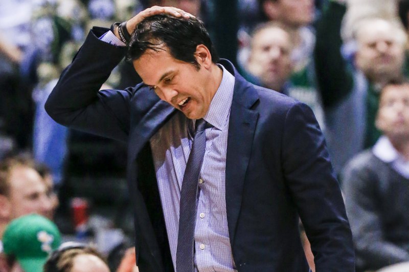 Miami Heat head coach Erik Spoelstra reacts to his team's play. File photo by Tannen Maury/EPA