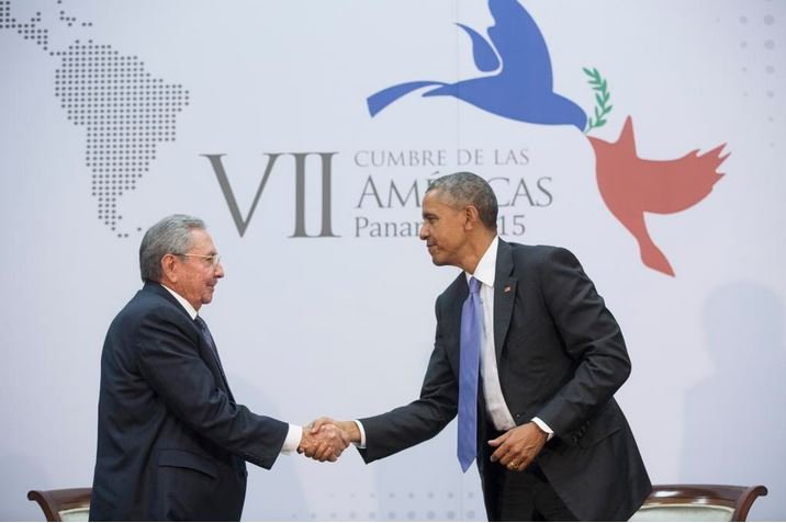 President Barack Obama (r) greets Cuban President Raul Castro Saturday, April 11, 2015, at the 7th Summit of the Americas in Panama City, Panama. Photo courtesy: The White House/Twitter