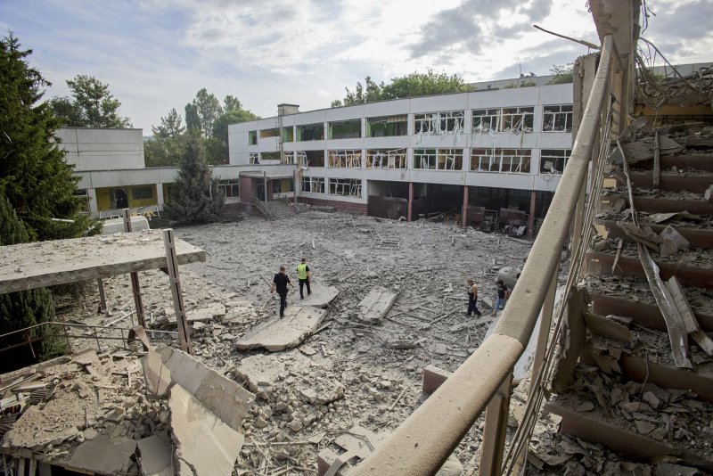 A heavily damaged school is seen on Sunday after a Russian rocket attack in Kharkiv, Ukraine. Ukrainian officials say that Russian forces have stepped up attacks on Kharkiv, Ukraine's second-largest city, in recent days. Photo by Sergey Kozlov/EPA-EFE