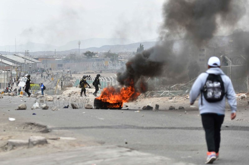At least 17 people were killed in anti-government protests near the airport in Juliaca in southern Peru. Monday's violence was the deadliest day in ongoing protests near the airport that have brought the death toll to at least 46. Protesters are calling for the closure of the Peruvian Congress and the resignation of President Dina Boluarte. Photo by Jose Sotomayor/EPA-EFE/