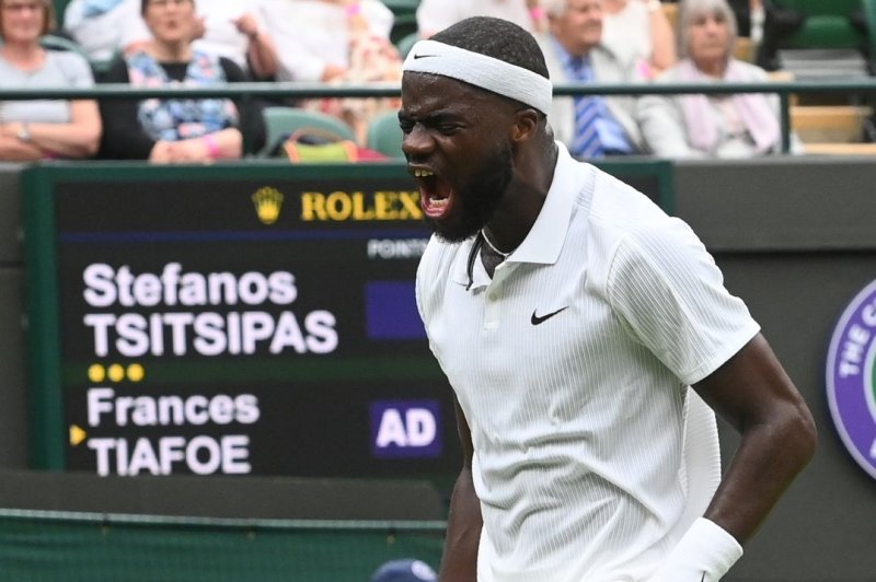 American Frances Tiafoe (pictured) beat Stefanos Tsitsipas of Greece in 2 hours, 2 minutes in a first-round match at Wimbledon on Monday in London. Photo by Facundo Arrizabalaga/EPA-EFE