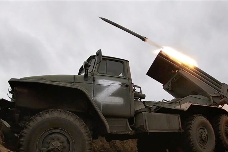 A still image taken from a handout video made available by the Russian Defence Ministry's press service shows a Russian Tornado-G multiple launch rocket system firing a rocket during battles at an undisclosed location in Ukraine on Wednesday. Photo courtesy of Russian Defense Ministry's Press Service/EPA-EFE