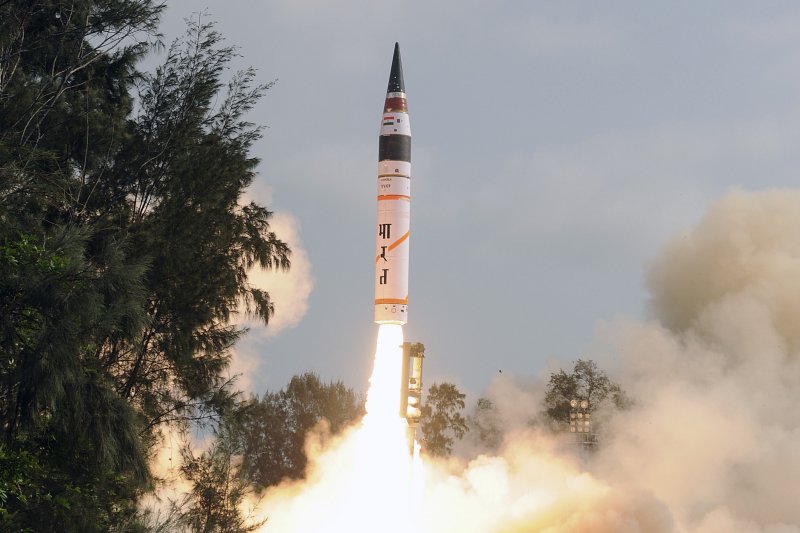 A test launch in 2012 of India's Agni-V. On Thursday, India again test-fired its Agni-V, a nuclear-capable ballistic missile that has a strike range far enough to reach the northern-most parts of China. Photo by the Indian Defense Research and Development Organization/EPA