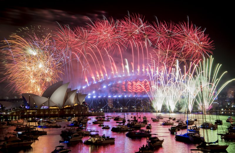 Fireworks explode over the Sydney Harbour Bridge during New Year's celebrations in Sydney, Australia, Jan. 1, 2019.&nbsp; Photo by Brendan Esposito/EPA-EFE
