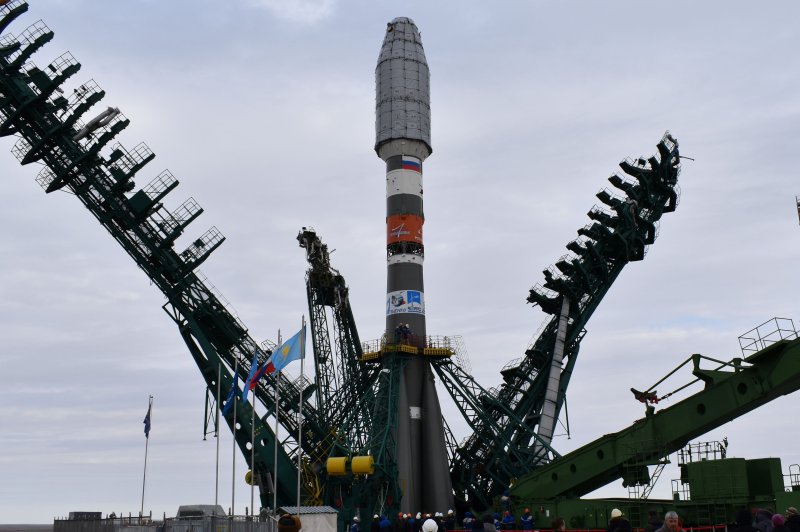 A Soyuz rocket is readied for a Saturday launch in Kazakhstan carrying 34 satellites made in Florida for communications company OneWeb. Photo courtesy of OneWeb